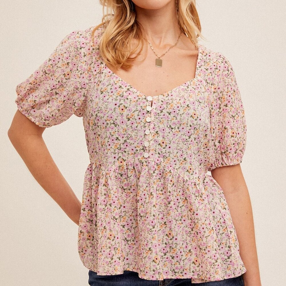 HEM & THREAD Pink Floral Button Front Peplum Blouse, Short Puff Sleeve Top